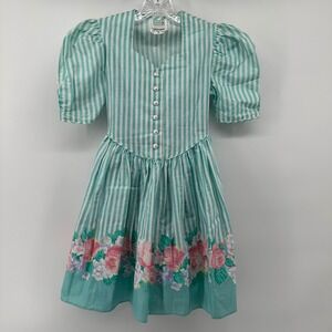 Wildflower Collection Girls Striped Floral Puff Sleeve Button Front Dress Size 8